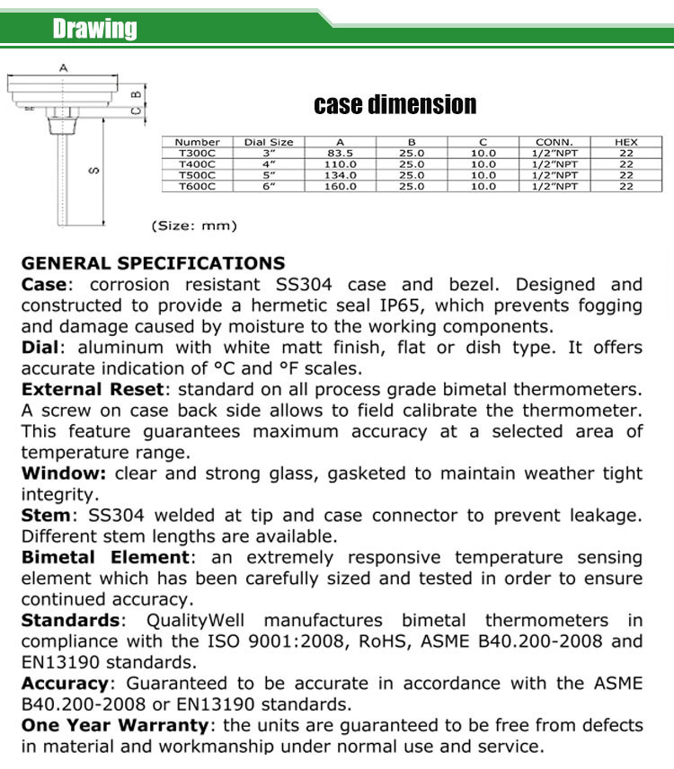 back connection bimetal thermometer A series A type