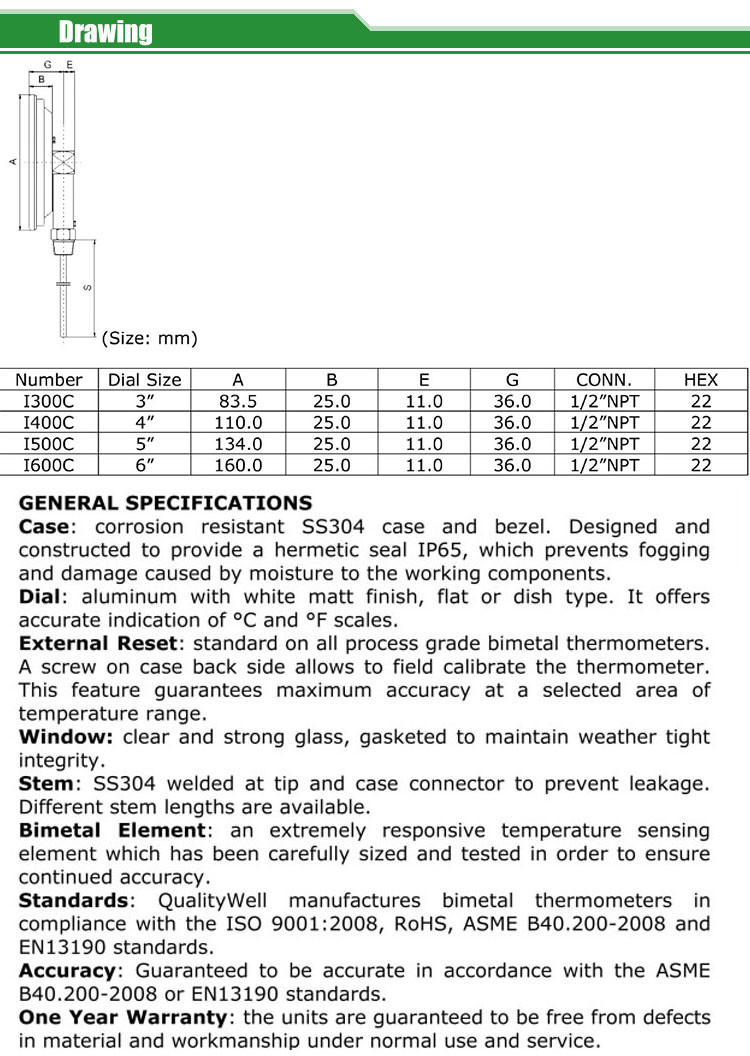 bottom connection bimetal thermometer A series A type