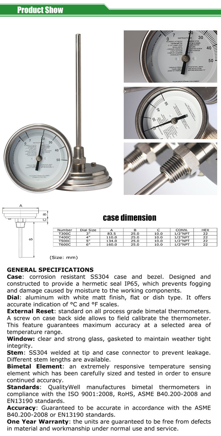 back connection bimetal thermometer T series T type