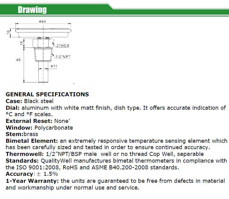 back connection hot water bimetal thermometer