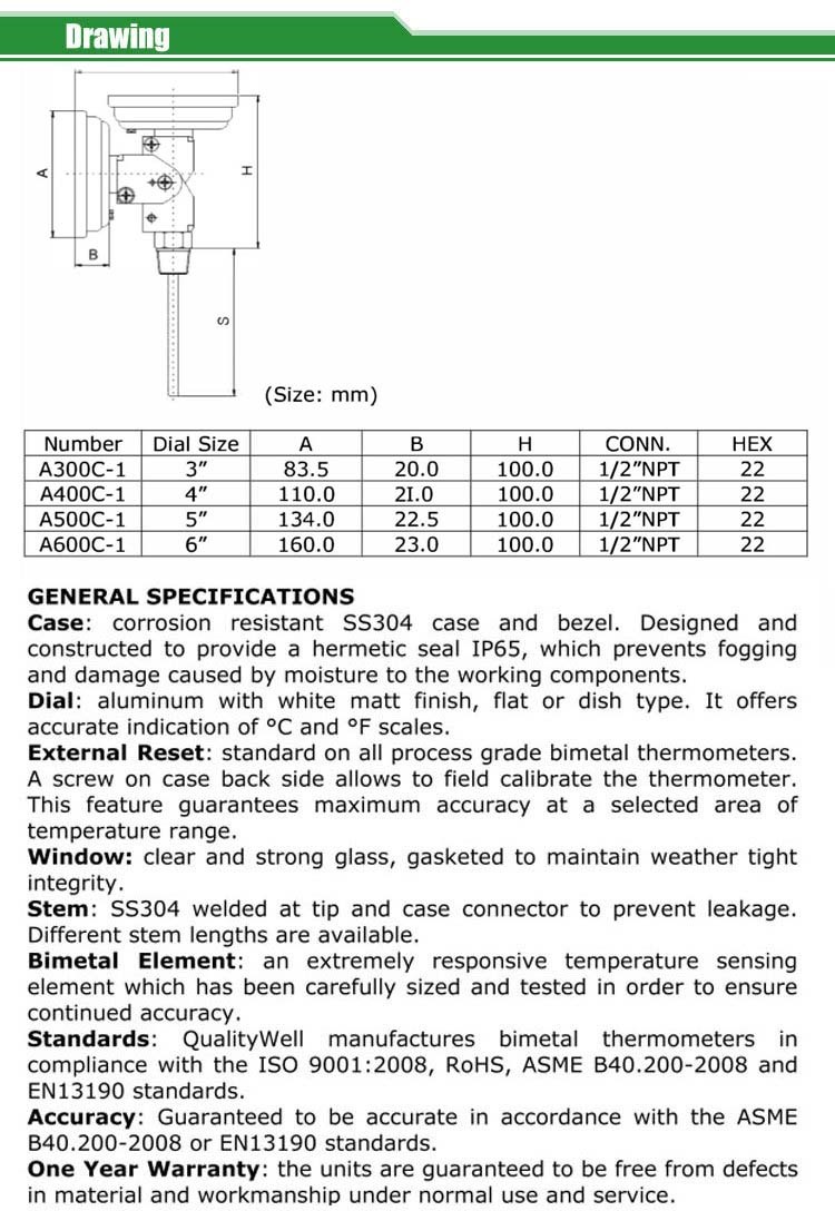 adjustable connection bimetal thermometer A series A type