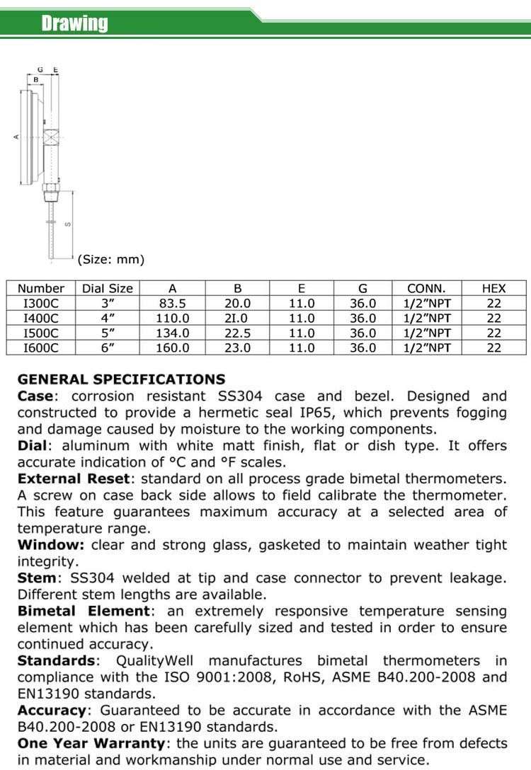 bottom connection bimetal thermometer A series A type