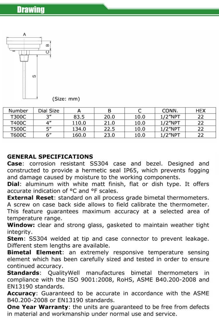 back connection bimetal thermometer A series A type
