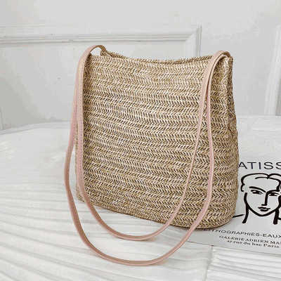 OEM logo portugal lady shoulder bag pink braided grass straw tote bag for girls