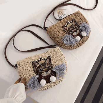 Fancy cute cat pattern children small fringed shoulder bag handmade tassel kid straw beach bag