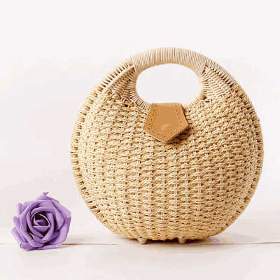 Hot sell round holiday beach casual tote handbag handmade big shell straw bag for women
