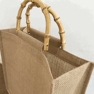 Customized logo and pattern fashion women shoulder bag lady jute handbag with bamboo handle