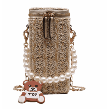 Creative classy crochet chain straw bag bamboo shoulder bag with pearl bear handle and zipper