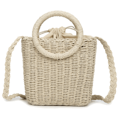 Fashionable women summer tote beach bag handbag straw string bag with round handle and long strap