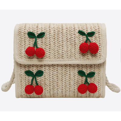 Handmade woven shoulder bag women square cherry wicker handbag straw beach bag with pom pom
