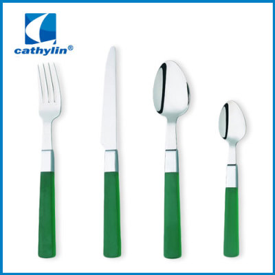 stainless cutlery; cheaper wooden color plastic handle cutlery