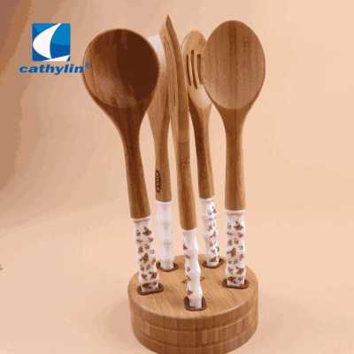 Popular Design Ceramic Handle Cooking Utensil Wooden Soup Ladle Kitchen Tool Sets