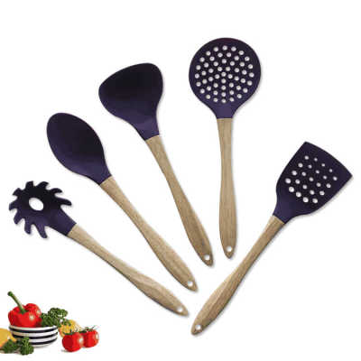 Eco purple silicone home cuisine utensil tool set bamboo wooden holder kitchen accessories set