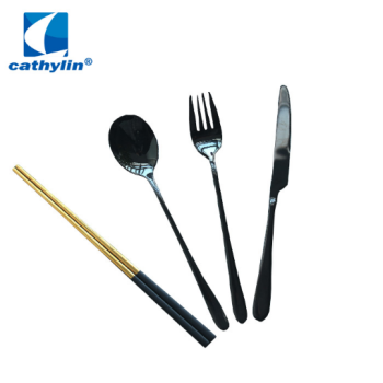 Black Gold Cutlery Set Bulk 4Pcs Flatware Set With Korean Stainless Steel Chopsticks and Spoon