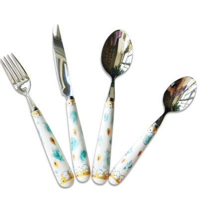 Flower pattern ceramic handle hotel cutlery set, stainless steel flatware