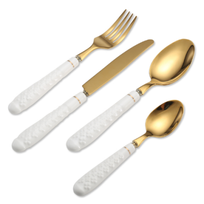 Elegant home goods ceramic handle flatware, stainless steel gold dinner set
