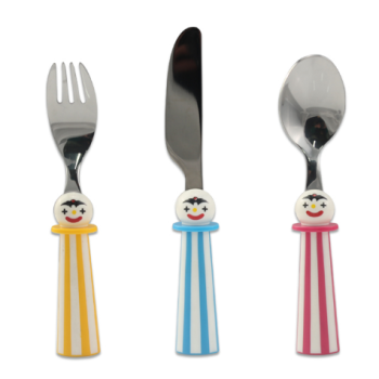 Stainless Steel Cartoon Pattern Cutlery Set With Two-color Striped Plastic Handle Children Flatware
