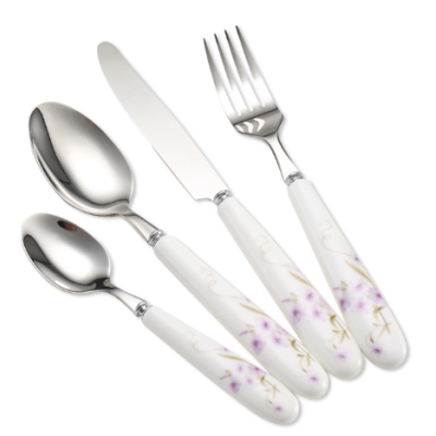 Odorless flora ceramic round handle stainless steel spoon fork cutlery sets