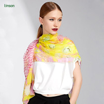 2017 Spring Fashion Chinese Supplier Oem Customized Pink And Yellow Digital Printed Female Silk Scarf
