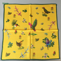 Chinese style yellow small square neck scarf with bird printing