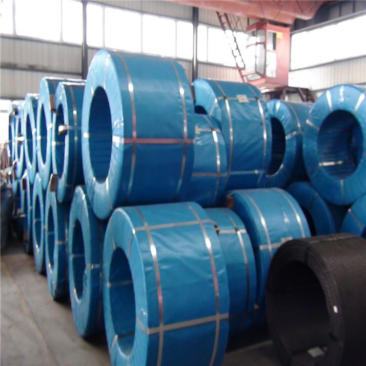 PC steel strand coil ready for factory dispatch showing steel strip wrapping