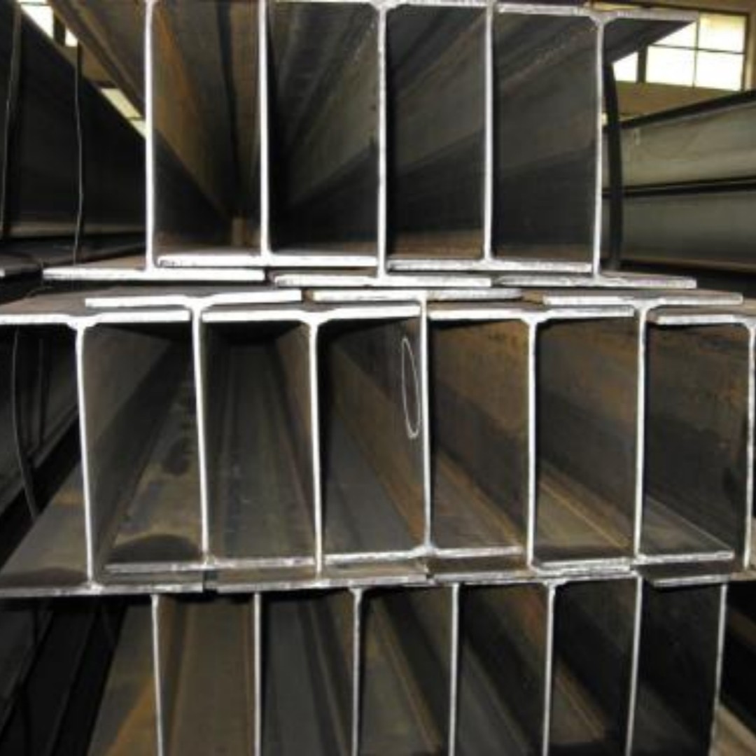 Hot rolled H beam steel sections stacked at a steel yard