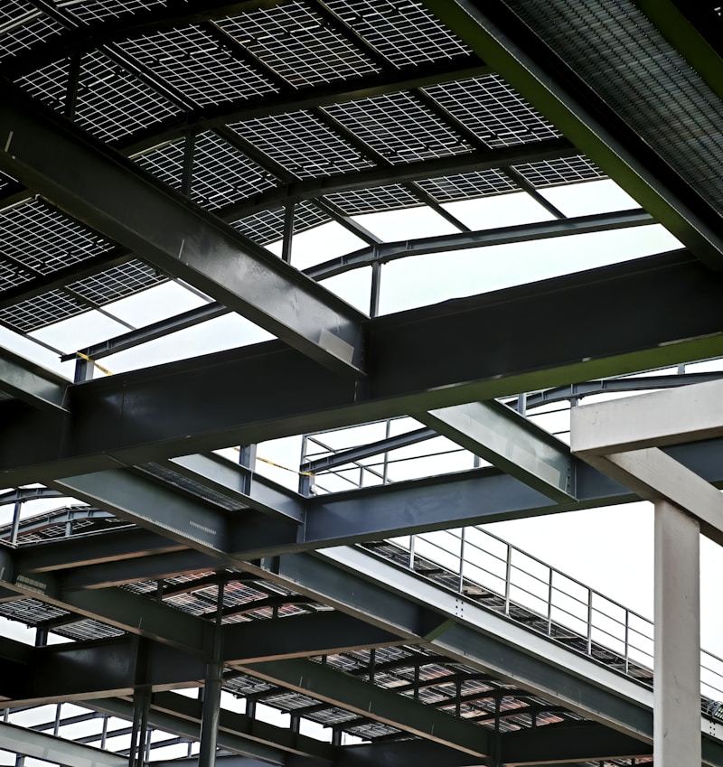 Steel beams and roofing in construction