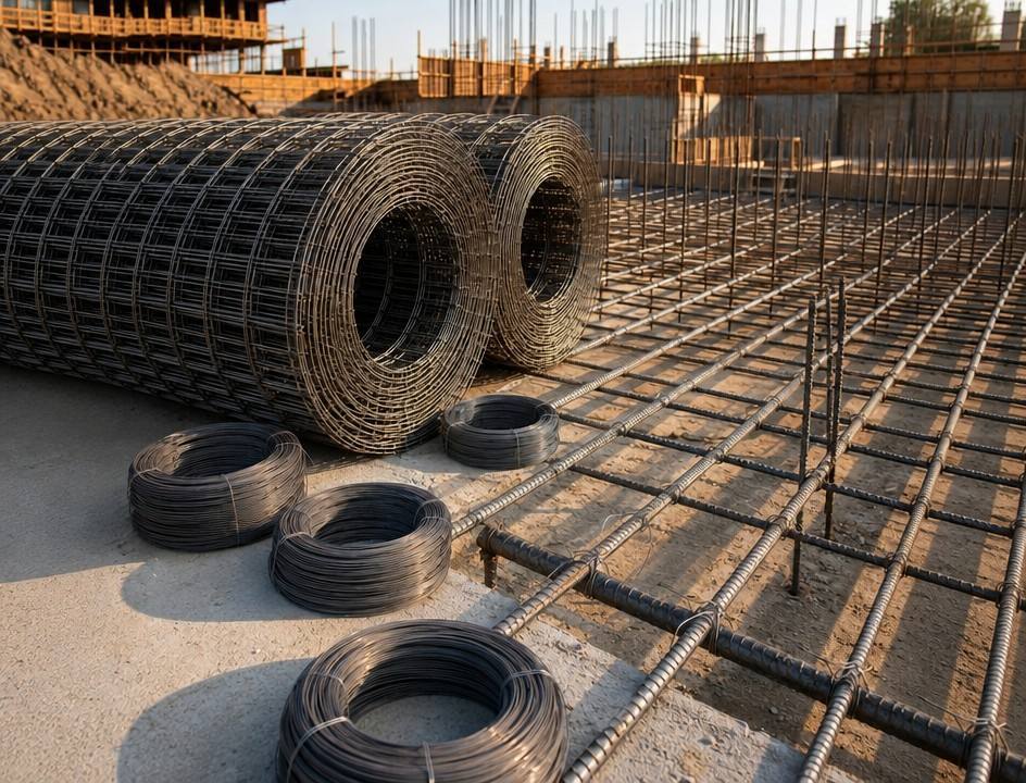 Steel coils of wire rod stacked on a quay awaiting shipment