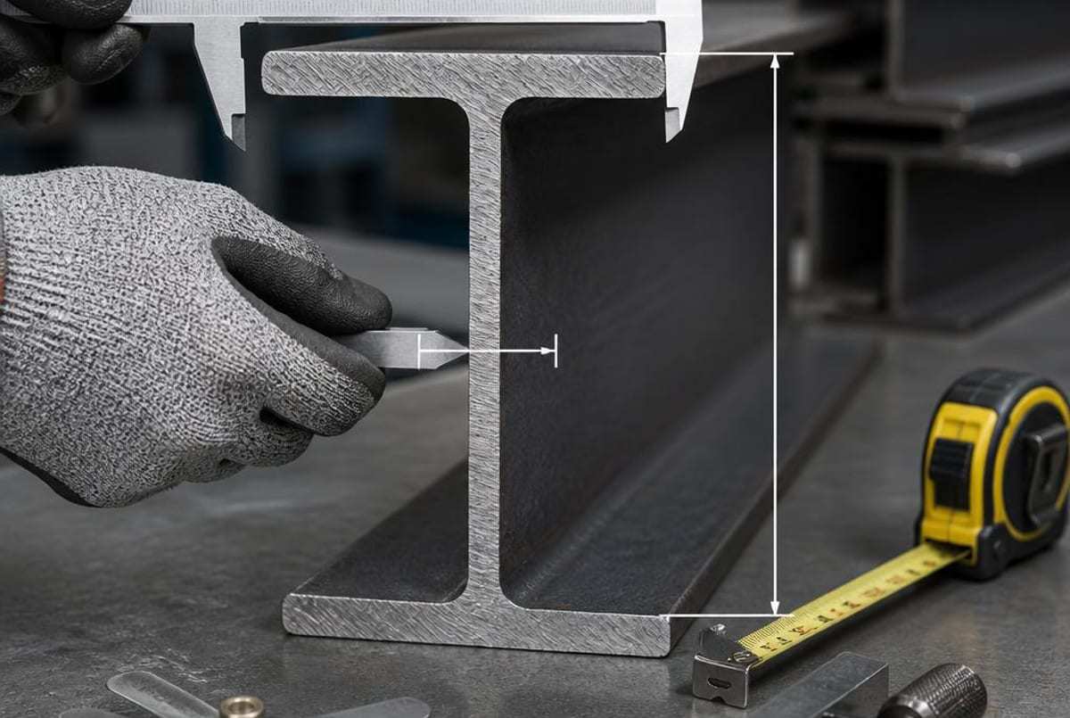 Conceptual H beam cross-section inspection using calipers gauges and dimension lines