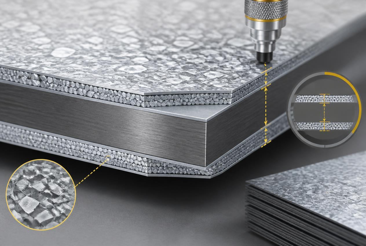 Illustrative cutaway concept of zinc coating on both sides of a steel substrate