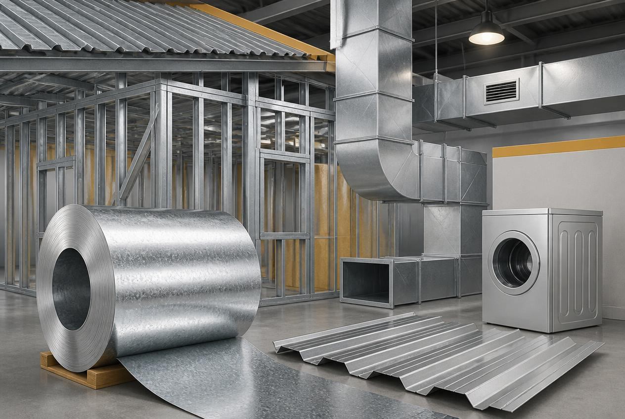 Illustrated applications of galvanized coil in roofing HVAC framing and appliance panels