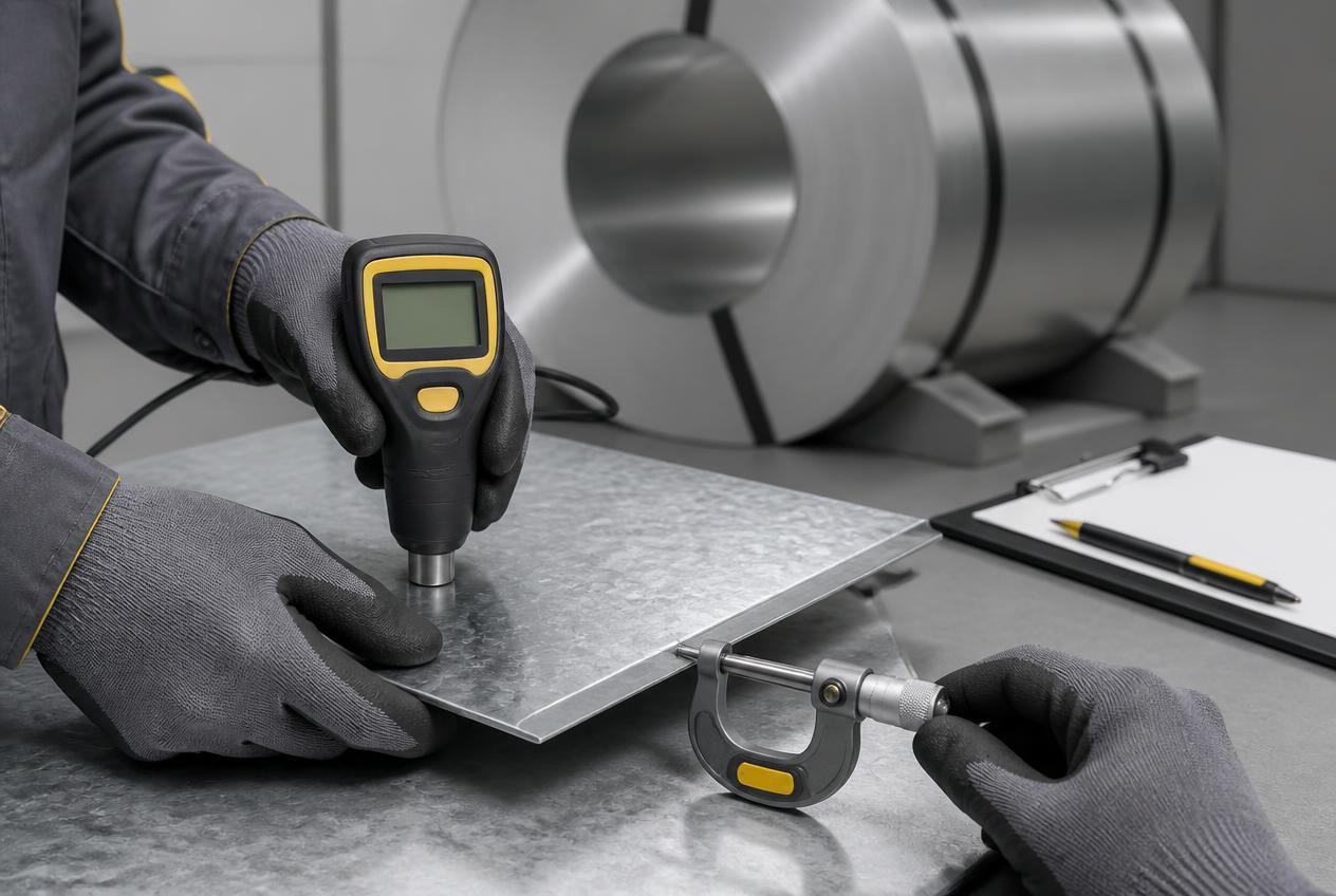Illustration of galvanized sheet inspection with coating gauge micrometer and paperwork