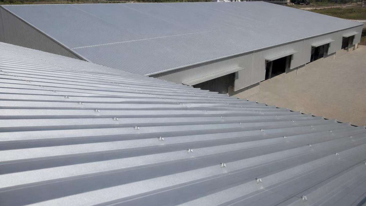 Galvanized corrugated steel roofing installed on an industrial warehouse