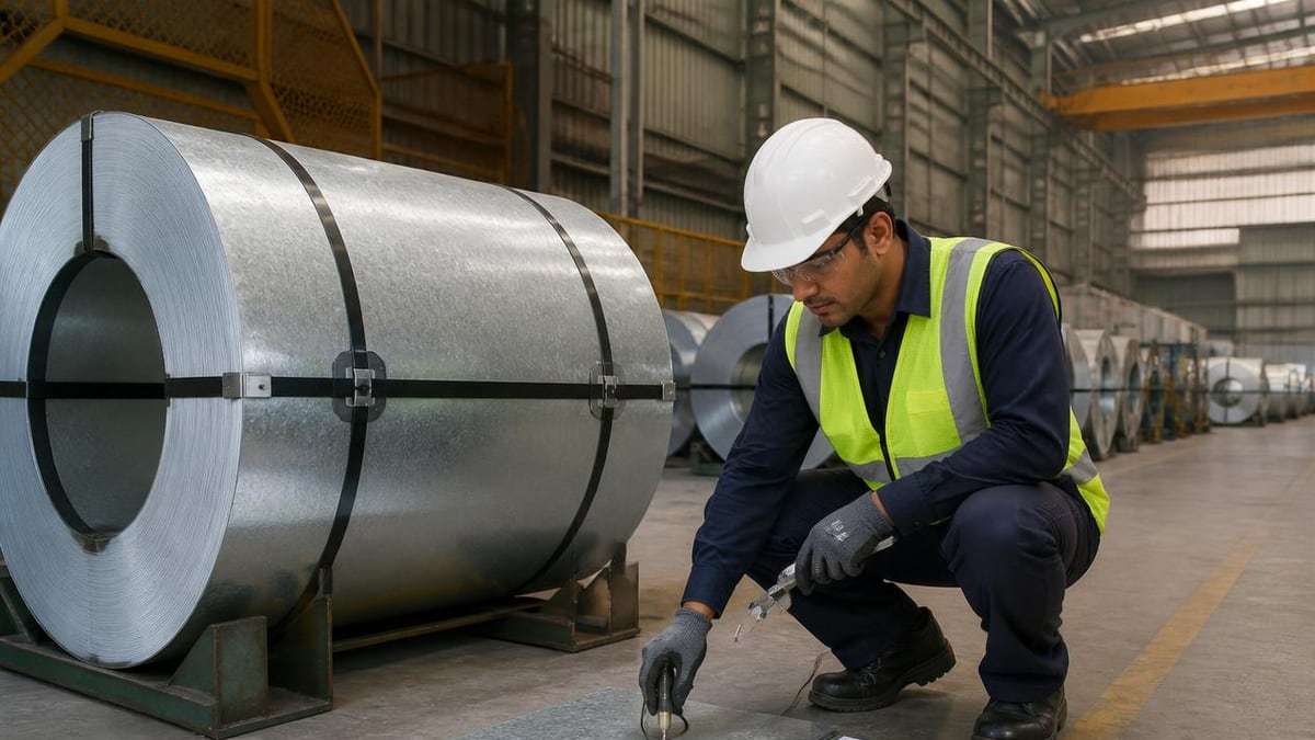 Quality technician inspecting galvanized steel with measuring instruments