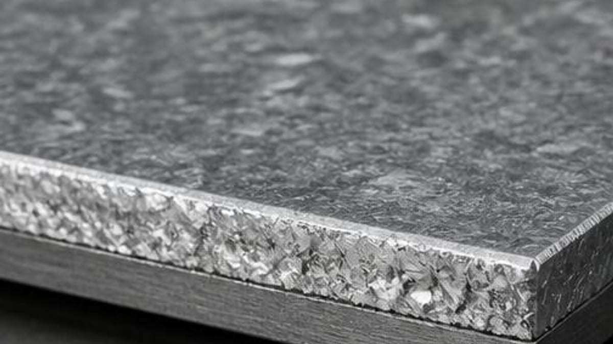 Editorial close view of a galvanized steel sheet edge and zinc-coated surface