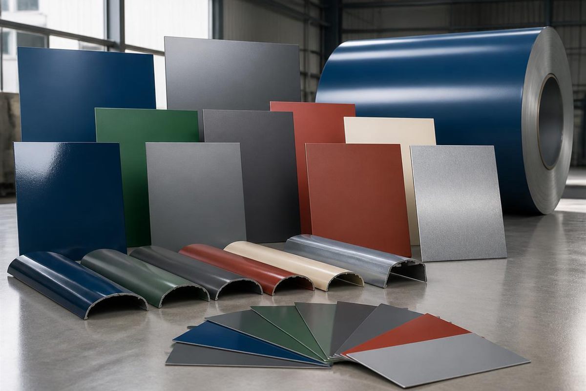 Color-coated steel samples showing different colors, gloss levels and surface finishes
