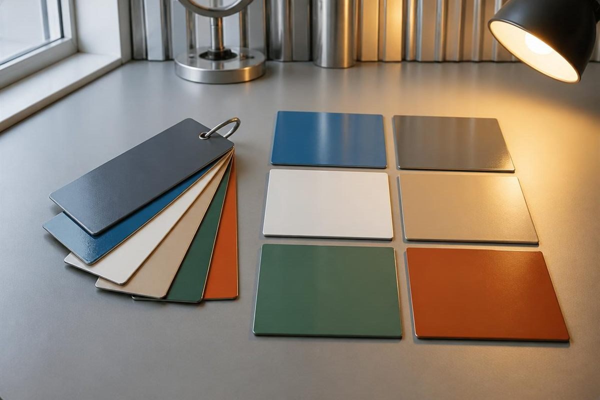 Prepainted steel color samples viewed under cool daylight and warm inspection light