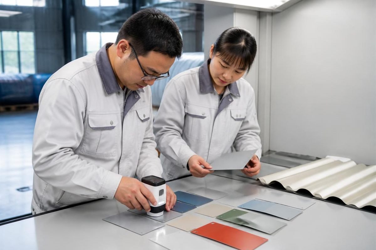 Generic procurement and quality staff confirming coated steel color samples