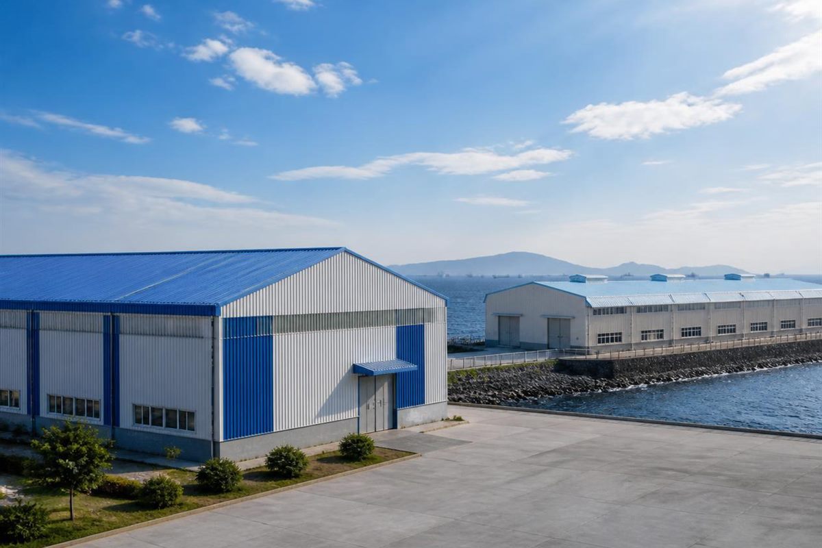 Generic inland and coastal buildings illustrating different service environments for prepainted steel
