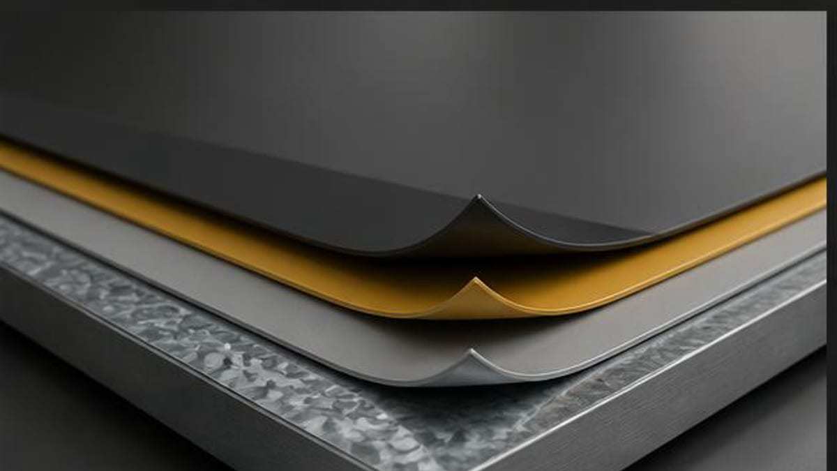 Editorial visualization of primer and topcoat layers on prepainted galvanized steel sheet