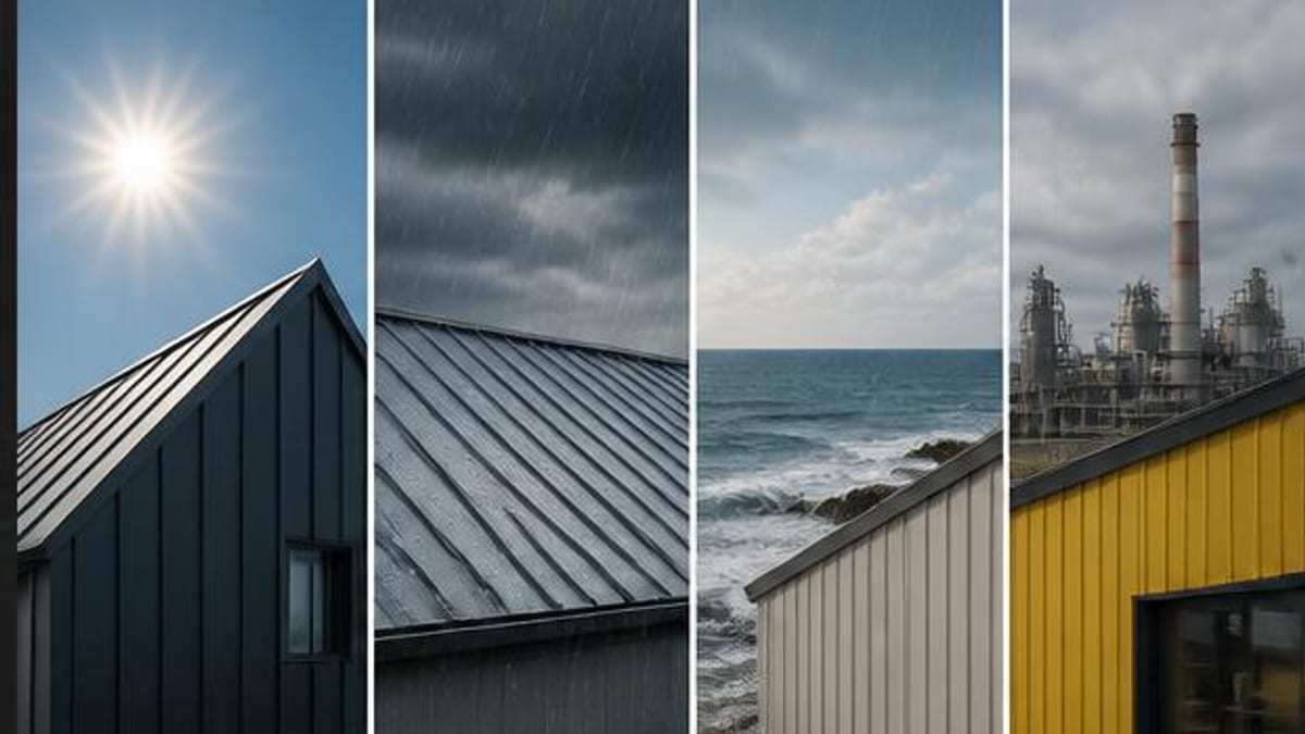 Conceptual roofing and cladding exposure to sunlight rain coastal air and industrial atmosphere