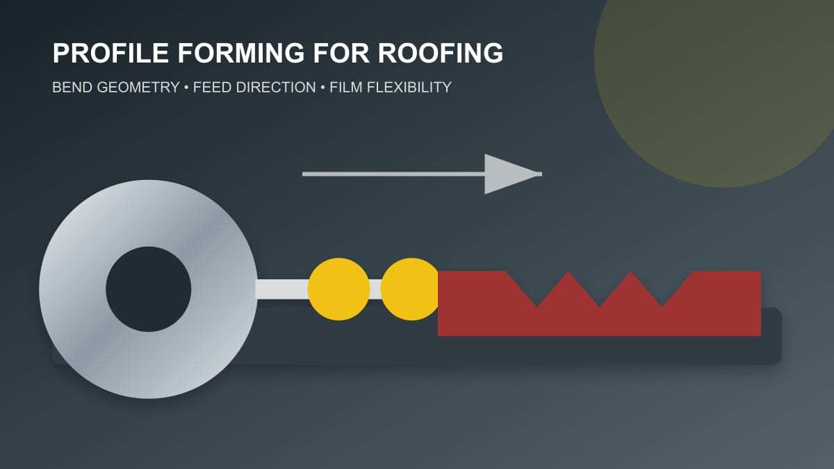 Original technical illustration of color-coated steel coil passing through roofing profile forming rolls