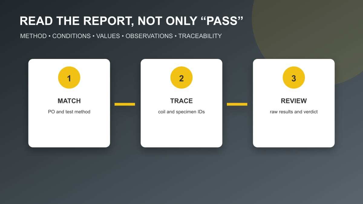 Original workflow illustration for matching a PPGI purchase order to traceable test results