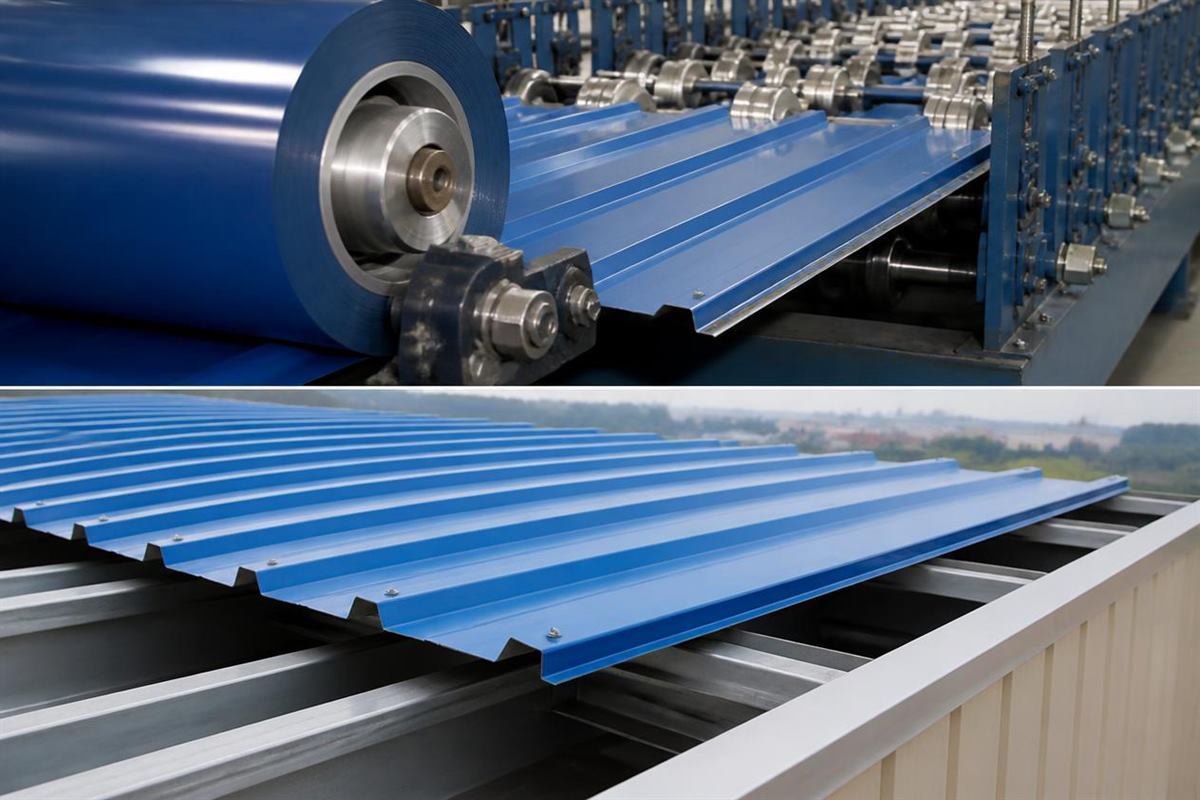 Original technical illustration of color-coated steel coil passing through roofing profile forming rolls