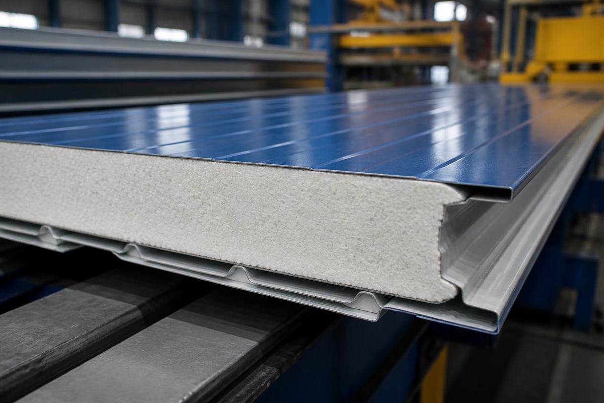 Original technical cutaway illustration of a sandwich panel with PPGI outer facings and insulation core