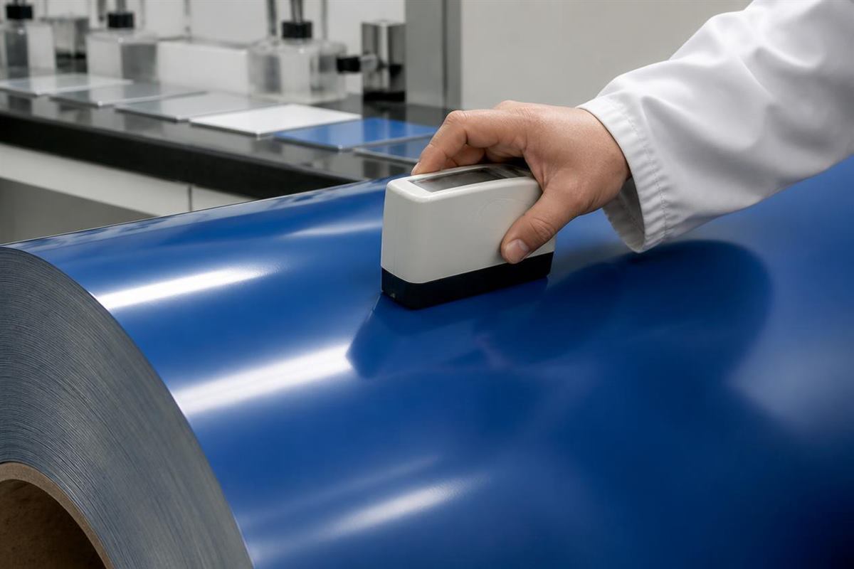 Original technical illustration of a gloss meter measuring a blue prepainted steel surface
