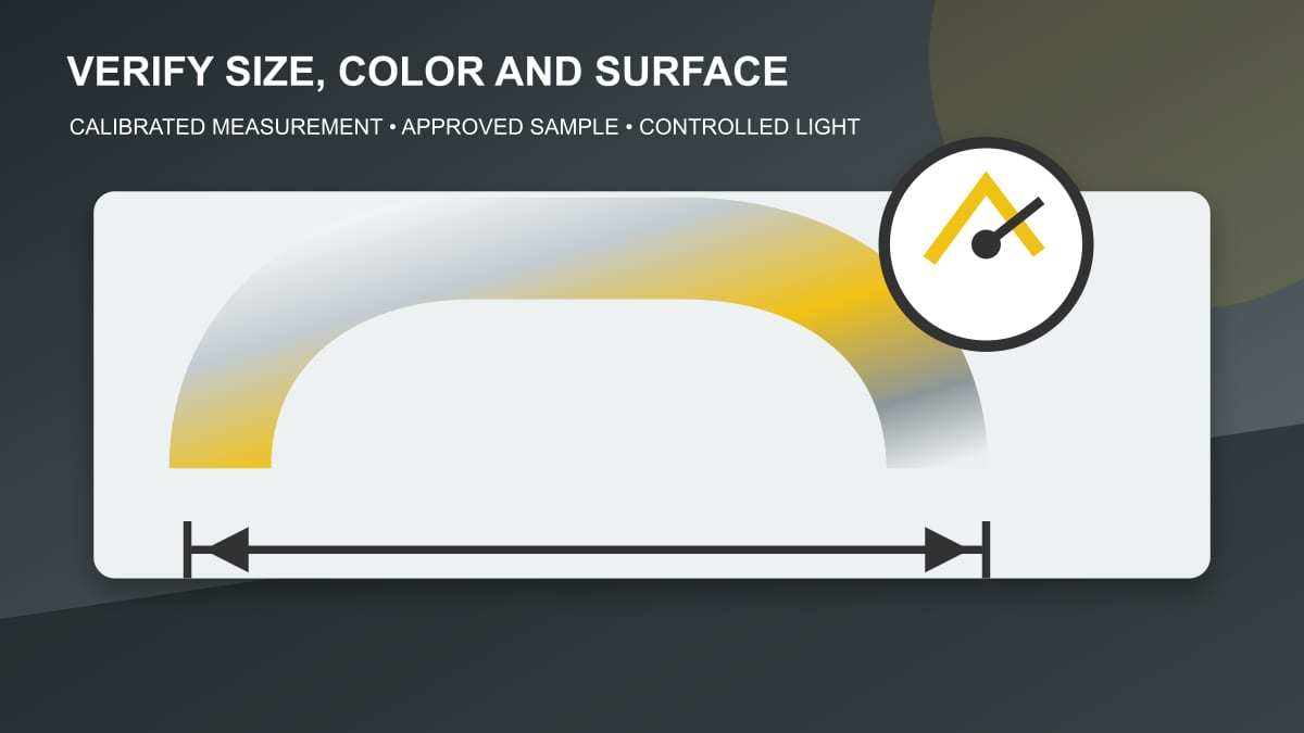 Original technical illustration of PPGI dimensional measurement, color comparison and gloss inspection