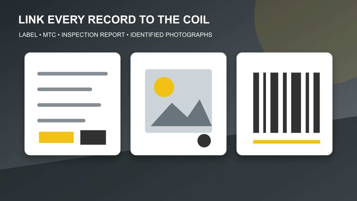 Original technical illustration connecting PPGI coil labels, inspection records and photographic evidence