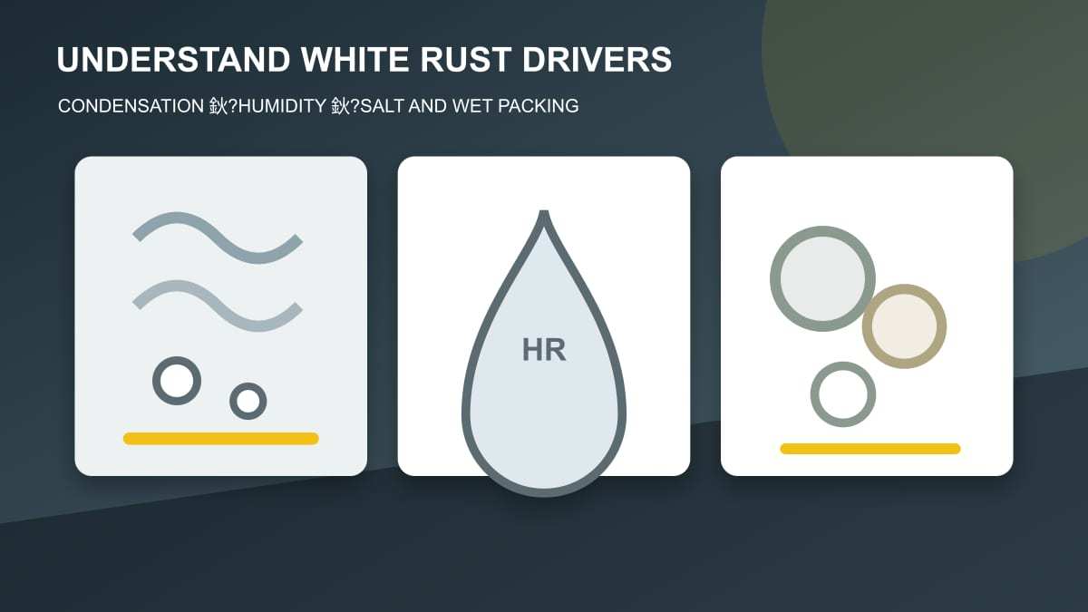 Original technical illustration of condensation, humidity and salt exposure driving white rust on galvanized coil