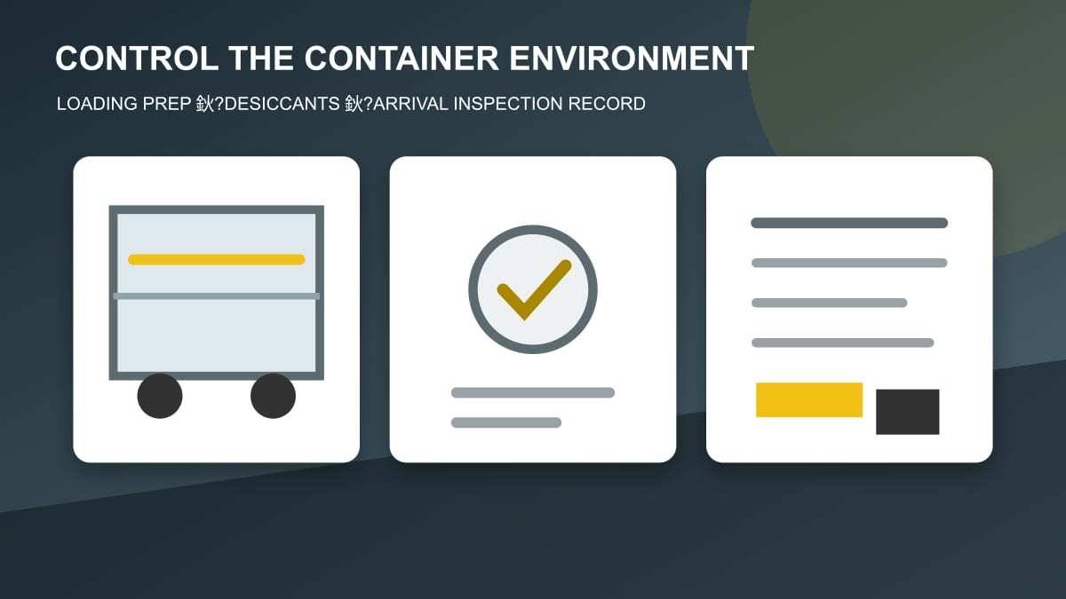 Original technical illustration of container loading preparation and arrival inspection of galvanized coil